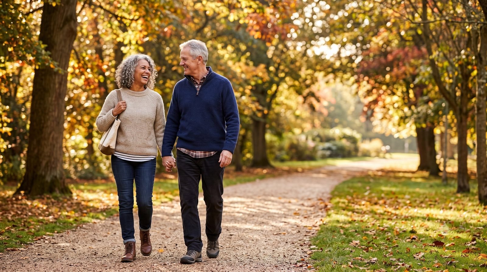 Active couple in their sixties walking outdoors on a sunny path, relaxed and comfortable